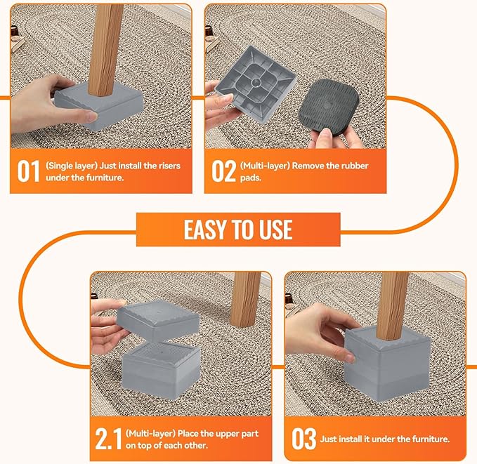 shouwuhho Furniture Risers, 12 Pack Bed Risers with Non-Slip Grip and Heavy Duty Support, 1 Inch 2 Inch 3 Inch 4 Inch Height Lift for Couch, Sofa, Table, Desk, Chair, Refrigerator - Gray, 1 Inch