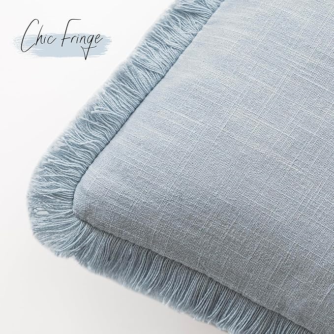 Foindtower Set of 2 Decorative Linen Fringe Throw Pillow Covers Cozy Boho Farmhouse Cushion Cover with Tassels Soft Accent Pillowcase for Couch Sofa Bed Living Room Home Decor,26×26 Inch,Sky Blue