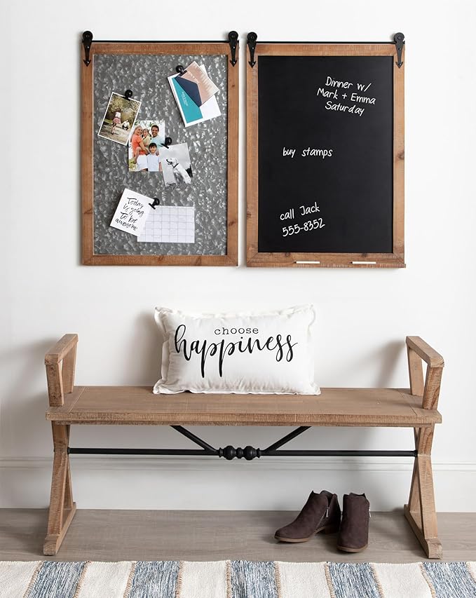Kate and Laurel Cates Modern Farmhouse Barn Door Wood Framed Galvanized Metal Magnetic Memo Board, Rustic Brown