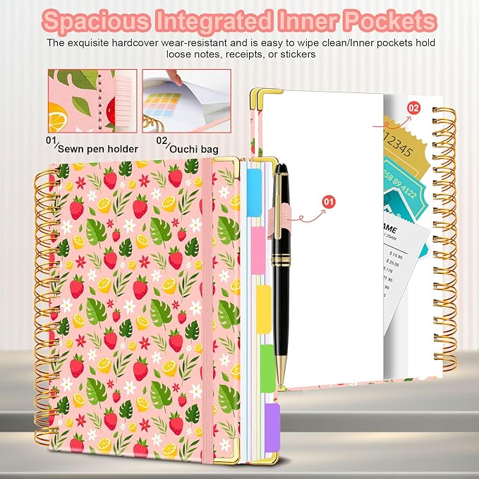 Spiral Journal Notebooks for Work, 300 Pages 5 Subject Notebook College Ruled with Dividers & Tabs, 8''x 10'' Large Notebook Journal for Women Students Note-Taking and Organizer (Pink Floral)