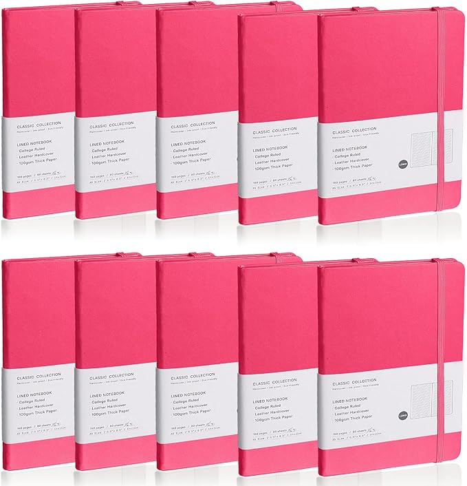 EMOMAS Lined Journal Notebook, 10Pack Hardcover Notebook for Men & Women – Journals for Writing, Work, School, Home & Daily Notes, 160 Pages – Medium A5, 5.7"x8", 100 gsm Thick Paper (Rose Red)