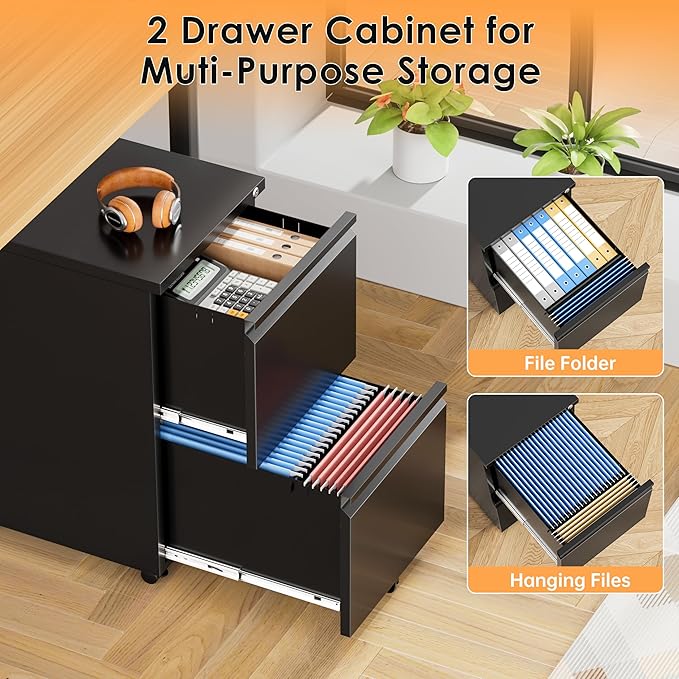 INTERGREAT 2 Drawer File Cabinet with Wheels, Metal Filling Cabinet with Lock, Locking Office Mobile Cabinet with Wheels for Legal/Letter Size, Under Desk, Easy Assemble, Black