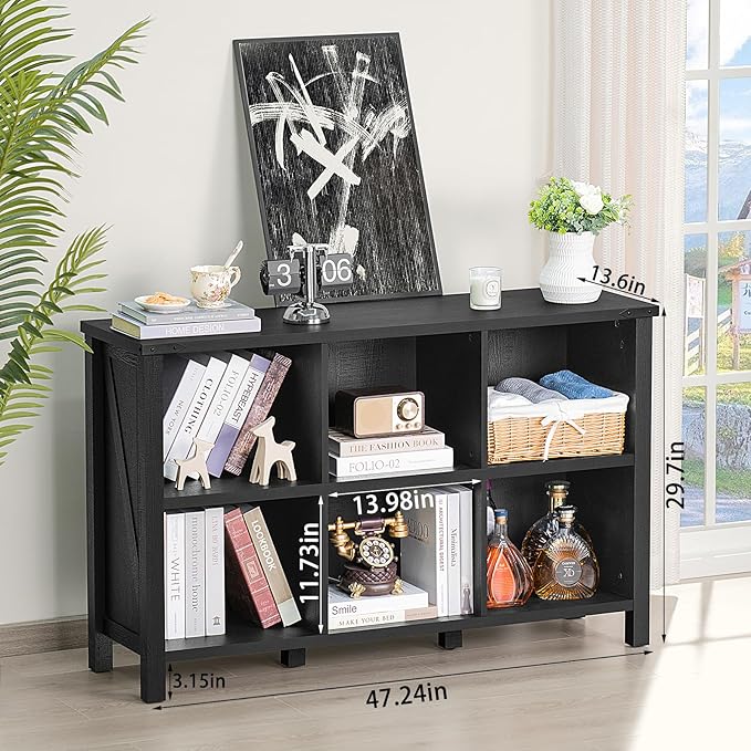 Joaxswe 6 Cube Bookcase, Farmhouse Wood Low Storage Organizer Book Shelf, Black 47" Horizontal Console Bookshelf with Legs, Hallway Book Case for Entryway, Display Cabinet for Living Room, Office