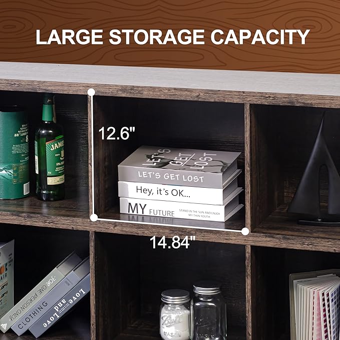 VAKATRELL 8 Cube Storage Organizer Bookshelf, Industrial Horizontal Bookcase, Accent Cubby Shelf, Media Console Table for Living Room, Home Office, 13.6" D x 63" W x 30.9" H, Dark Grey Oak