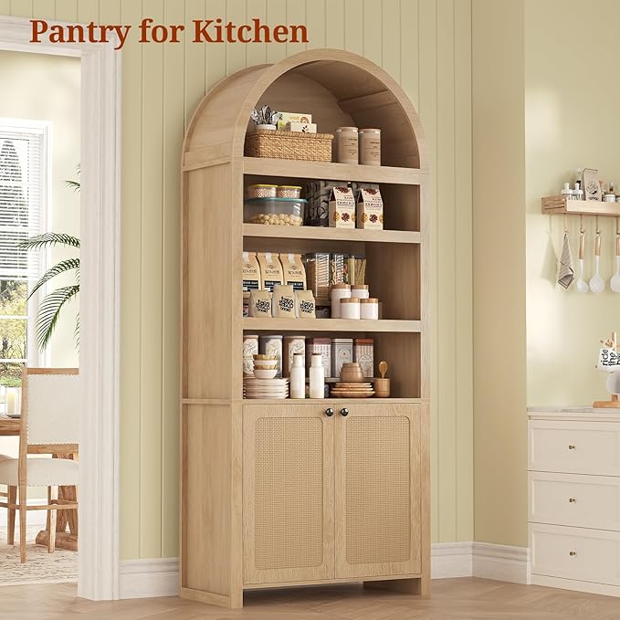 81" Tall Arched Cabinets,Bookcase with storage,Mid-Century Modern 6-Tier Bookshelf with Door,2 Book Risers and Adjustable Shelves offering more storage space for Living Room,Kitchen,Home Office,Oak