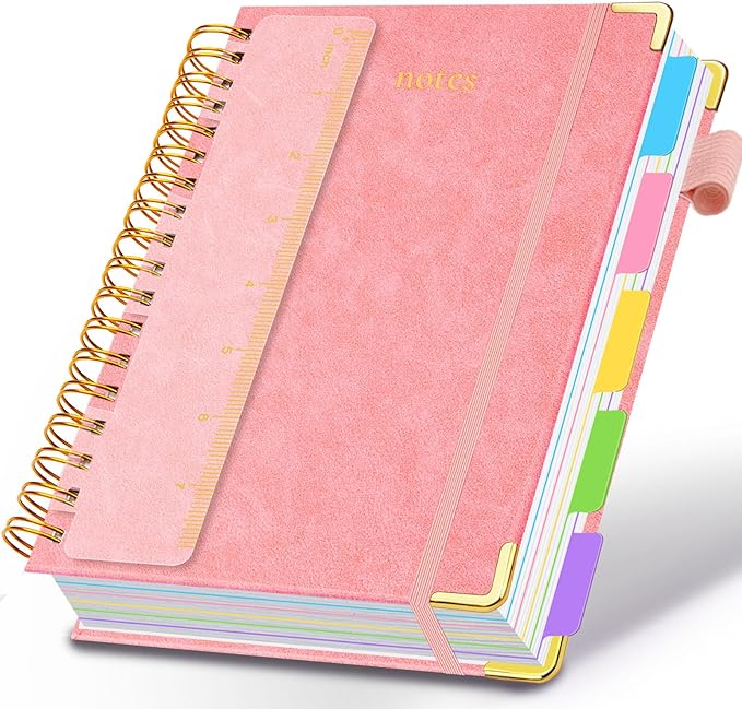 Hardcover Spiral Notebook 6.2"x 8.2" Journal Notebook with Tabs and Removable Dividers 300 Pages 5 Subject Notebook College Ruled, Faux Leather Spiral Bound Notebook for Women School Work (Pink)