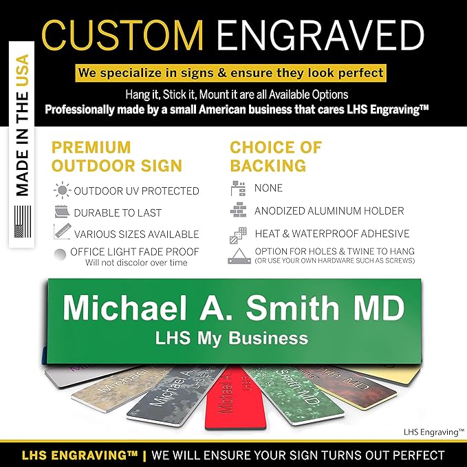 Custom Name Plate with Choice of Mounting for Walls, Doors, Desk Holders, Cubicles, Hanging and More - Personalized Green Plastic White Letters - USA Made 2x8 - B6