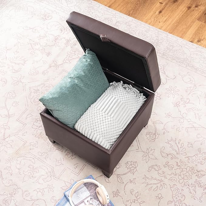 Asense 17 Inch Storage Ottoman Foot Rest,Square Faux Leather Foot Stool,Small Ottoman with Storage,Padded Seat for Entryway,Living Room,Bedroom,Couch,Under Desk,Brown