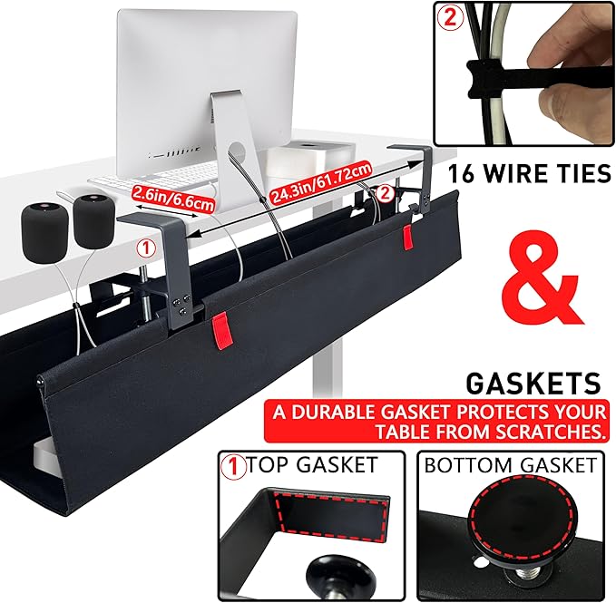 AHOMO,Under Desk Cable Management,No Drill 36",cord organizer,with Silicone Pads (No Scratch!)16 Cable Ties,Washable PE Honeycomb Base,Clamp/Screw Mount-Fits Any Desk 0-2.1",No Stinky Cardboard! Black