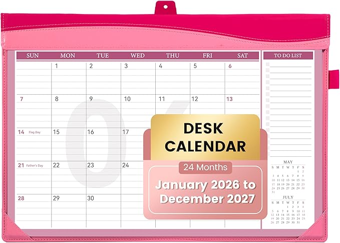 Yoment Desk Calendar 2026, Jan 2026-Dec 2027, 2026 Desk Calendar Large 17 x 12, 2026 Calendar with Plastic Cover, Pockets, to-Do Lists, Desktop Wall Calendar 2026-2027 for Office School Home, Pink