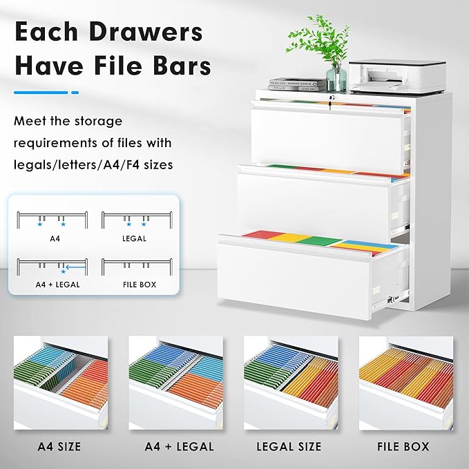 Pataku Metal Lateral File Cabinet with Lock, Steel Filing Cabinet 3 Drawer, Locking Office Home Wide Organization File Cabinets for Hanging Files Letter/Legal/F4/A4 Size, (White-3Drawer)