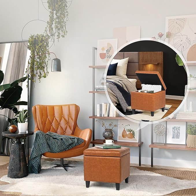 Adeco 17.7" Leather Cube Storage Orange Ottomans for Living Room