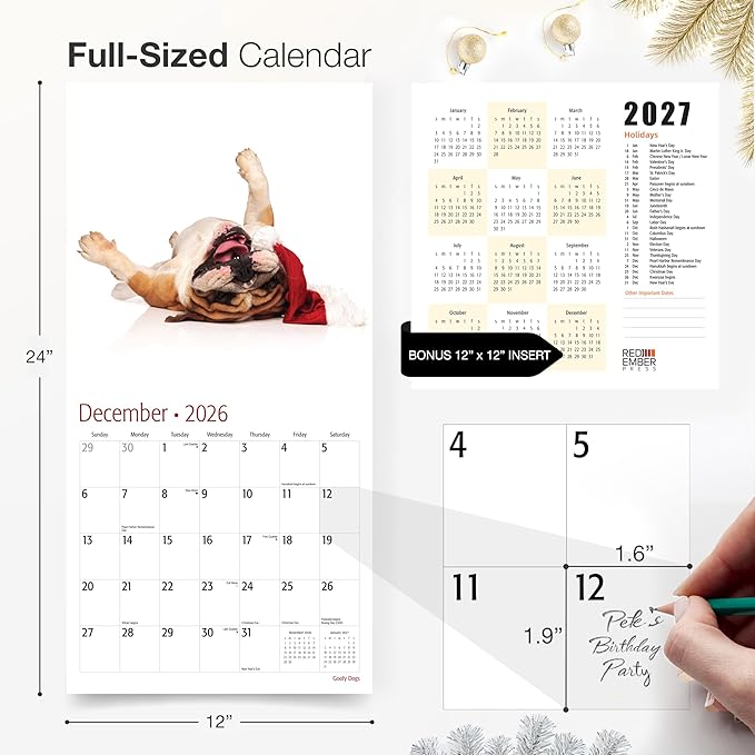 RED EMBER Goofy Dogs 2026 Wall Calendar 12 Month | 12" x 24" Open | Thick & Sturdy Paper | Holiday Gift | Kids Pooches Funny Puppy Dog Calendar 2026