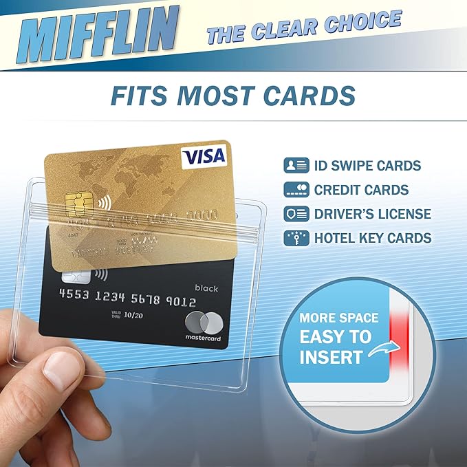 Mifflin-USA Horizontal Card Protector with Metal Clip and Vinyl Straps (Clear, 4x3 Inch, 25 Pack), Waterproof PVC ID Name Badge Holder with Clip