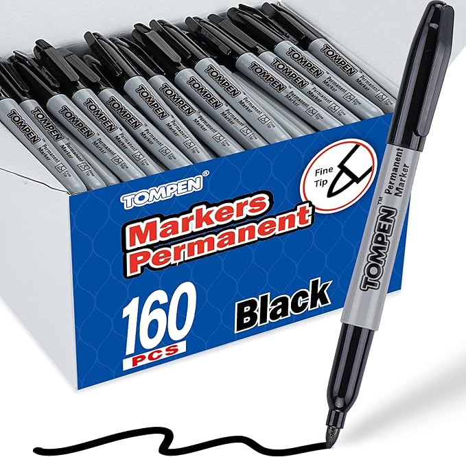 TOMPEN Black Permanent Markers Fine Tip 160 Pack Bulk,Waterproof Permanent Marker Pens with Quick Drying on Wood,Plastic,Paper,Metal,Mirror for Gift Office School Classroom Home