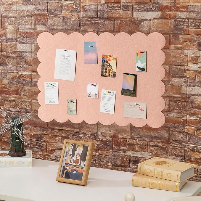 Mooliwe Scalloped Felt Bulletin Board 24 x 18 Inches Foldable Light Pink Pin Cork Board Alternative for Wall, 2' x 1.5' Trifold Picture Vision Self Adhesive Bulletin Decorative