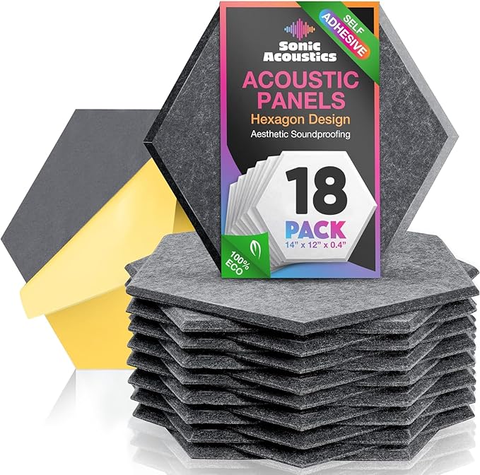 Self-Adhesive 18 Pack Hexagon Acoustic Panels, 14" X 12" X 0.4" High Density Sound Absorbing Panels, Beveled Edge Sound Proof Treatment Tiles for Walls, Studio, Door, Home, Office (Dark Gray)