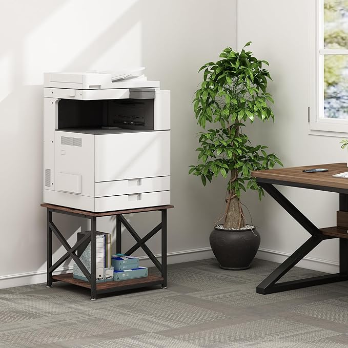 Fannova Large Printer Stand, 23.6 x 23.6 x 22.6 Inches Square Printer Table with Storage Shelf, 2 Tier Rolling Printer Cart with Industrial Wheels for Home Office - Rustic Brown