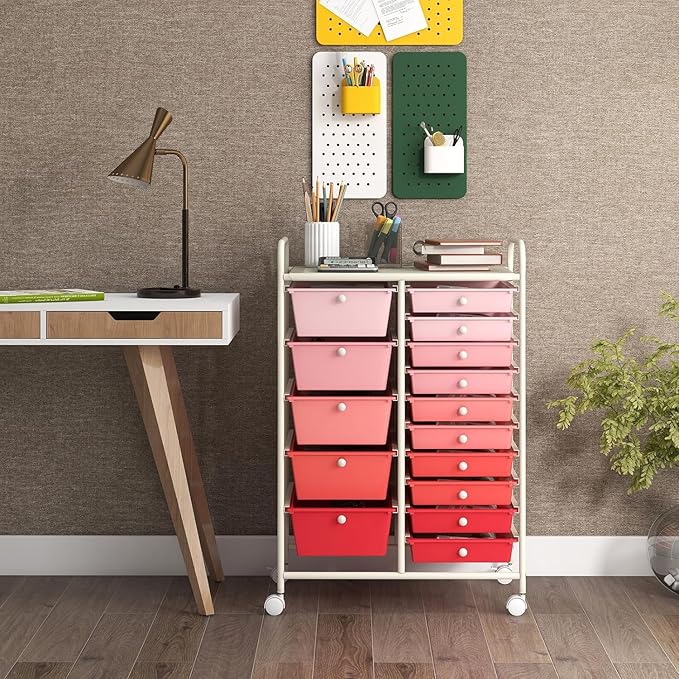 LDAILY 15 Drawer Rolling Storage Cart, Rolling Cart with Drawers for Classroom, Art Supply Craft Organizer on Wheel with Metal Frame & Handles for Home Office School