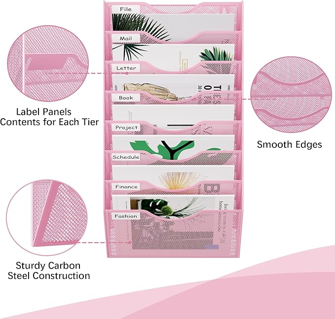 EasyPAG 8 Pocket Mesh Wall File Organizer, Hanging Paper Folder Holder with Classify Label, Vertical Wall Mount Mail Organizer for Office Home Classroom, Pink