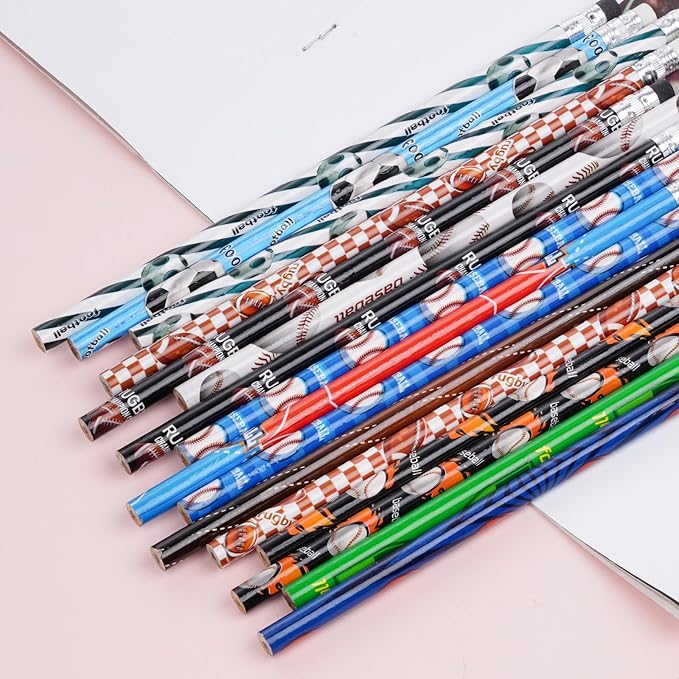 48 Pcs Sports Wooden Pencils with Erasers, Football Soccer Basketball Baseball Funny Sports Pencils for Teacher Gift Supplies, Awards Incentives Pencil (Basketball, Football, Soccer and Baseball)