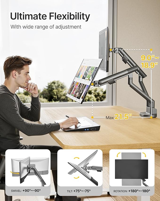 monTEK Dual Monitor Stand up to 35 inches Screen, Monitor Mount for 2 Monitors, Full Motion Adjustable Monitor Arm, VESA Mount with C-Clamp/Grommet Base, Holds 24.25lbs per Arm, Gray MA1010DG-D