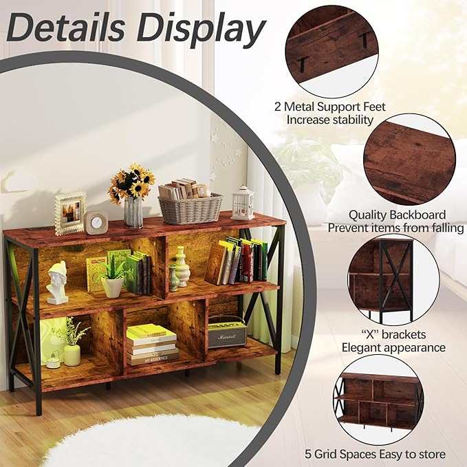 Horizontal Bookshelf,Industrial Modern 5 Cube Low Wide Cubby Bookcase with led Light,Long Wood and Metal Storage Organizer Open Shelf, Book Shelf Bedroom Storage for Home Office Living Room(Brown)