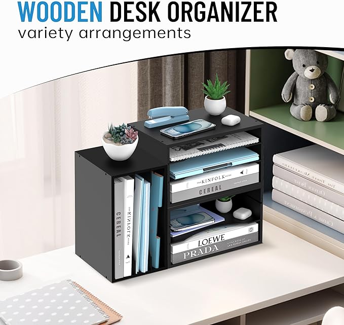 SHARKWOODS Wood Desk Organizer, 3 Tier Paper Tray Organizer for Desk with Adjustable Storage Shelves, Printer Stand Desktop File Organization Paper Sorter Mail Holder for Office Home Classroom, Black