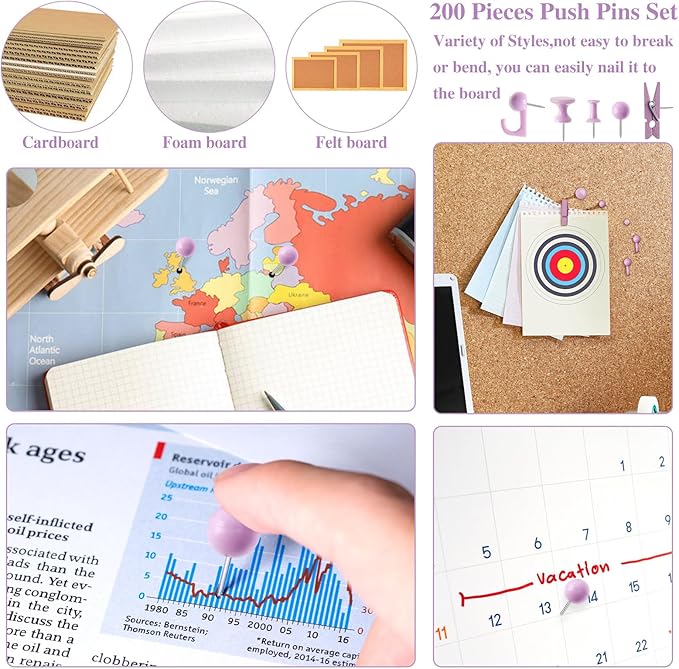 200 Pieces Push Pins Set, 5 Types Purple Thumb Tacks Cute Decorative Push Pins for Wall Cork Board Bulletin Boards with Storage Box