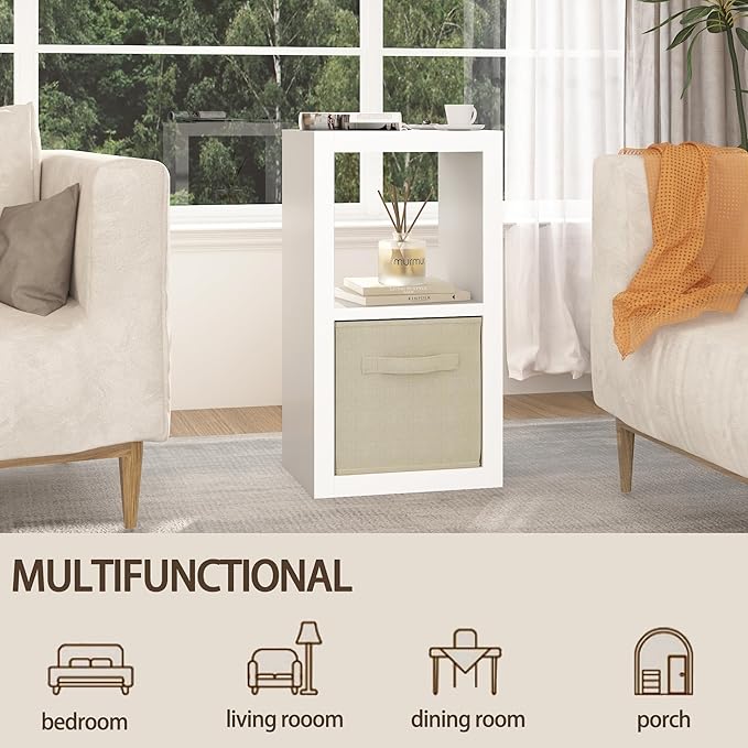 Bookshelf with Storage Bin, 2-Cube Storage Organizer, Modern Wood Open Bookcase, Multifunctional Display Shelf for Living Room, Bedroom, Home Office, White