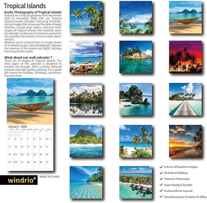 2026 Wall Calendar,Calendar 2026, November 2025 - December 2026, Wall Calendar Tropical Islands, 12" x 24" Opened,Full Page Months Thick & Sturdy Paper for Gift Perfect Calendar Organizing & Planning