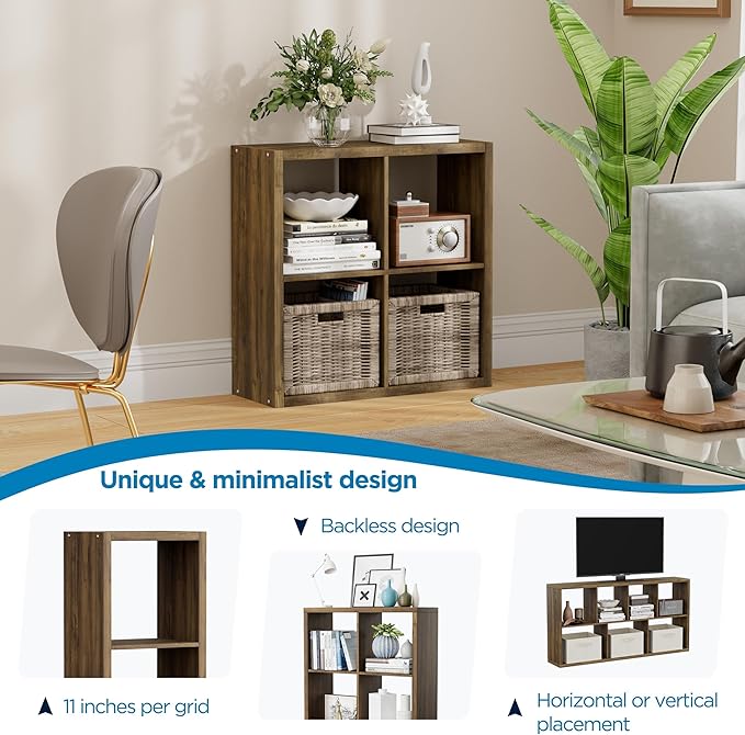 4 Cube Storage Organizer, 2x2 Cube Bookshelf, Cubby Storage Shelf, Wooden Organizer Shelf with Thickened Boards, for Closet Bedroom Home Office Living Room, 25.12" L x 9.37" W x 25.12" H, Brown