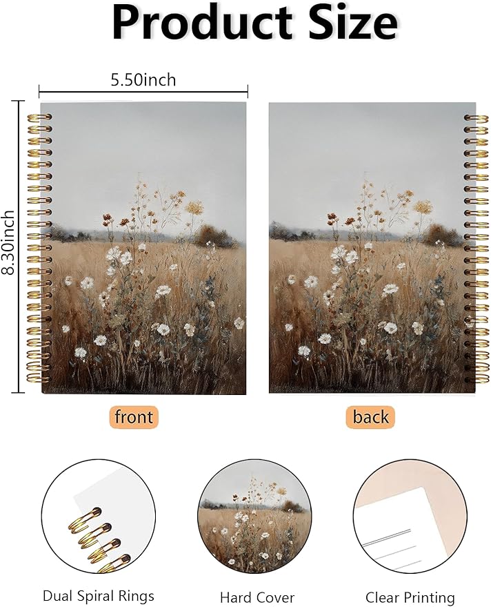 BitKan Vintage Wild Flower Spiral Notebook, Retro Cottagecore Wildness Botanical Floral Journal for Women, Farmhouse Rustic Country Landscape Botanical Notebook 5.5x8.3 Inch-368