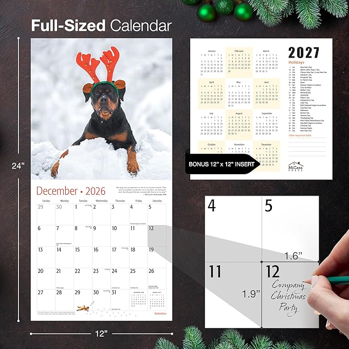 MICASA PRESS Rottweilers 2026 Wall Calendar 12 Month | 12" x 24" Open | Thick & Sturdy Paper | Holiday Gift | Cute Puppy Dog Calendar 2026