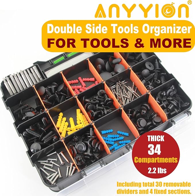 Anyyion Small Parts Organizer, 34-Compartments Double Side parts organizer with Removable Dividers for Hardware, Screws, Bolts, Nails, Beads, Jewelry.