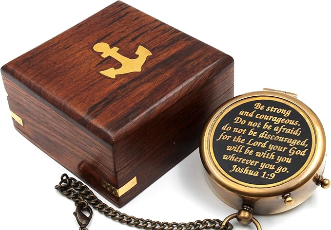 Be Strong and Courageous, Do Not Be Afraid Brass Engraved Compass with Stamped Wooden Case – Inspirational Birthday, Confirmation, and Baptism Gifts
