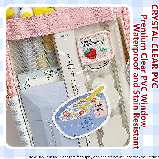 UINSUE Cute Pen case Adorable Bunny Transparent 3-Layer Large Capacity Pencil Case Gadget organizer with Lovely Stickers (Black Plaid)