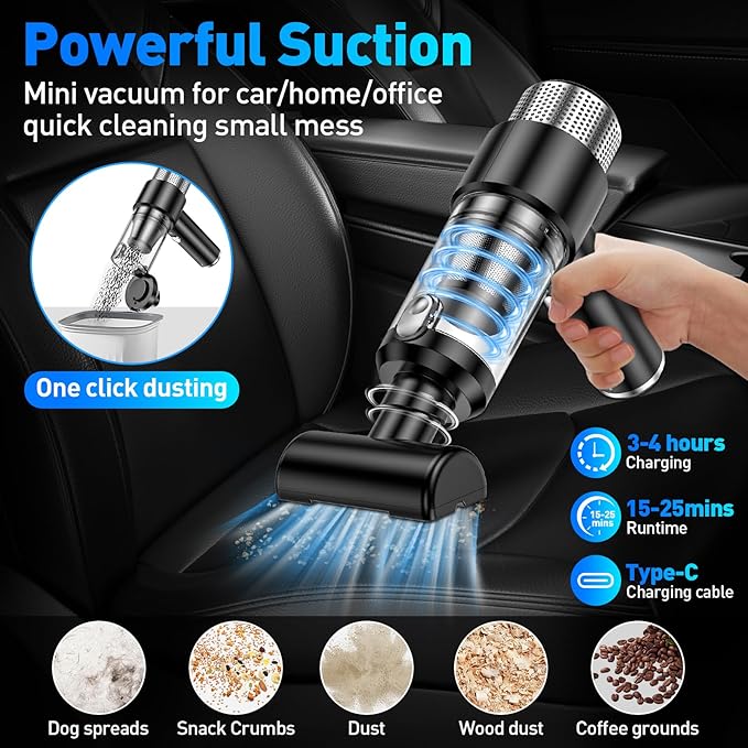 SHLNLI Mini Vacuum Cleaner, 16000PA Car Vacuum Cleaner Portable Cordless with LED Light, 4 in 1 Air Duster and Handheld Small Vacuum Rechargeable for Car, Home, Office, Pet（Black）