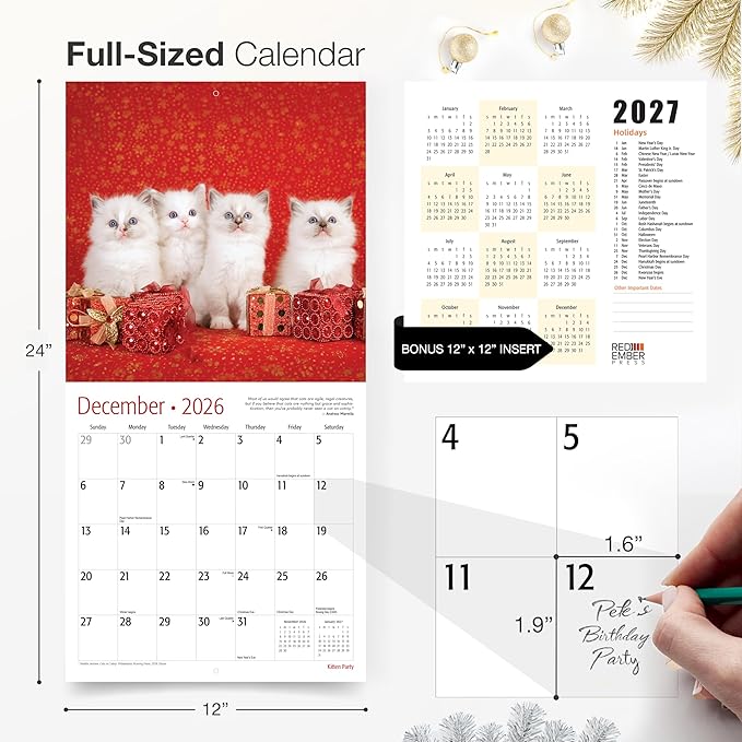 RED EMBER Kitten Party 2026 Wall Calendar 12 Month | 12" x 24" Open | Thick & Sturdy Paper | Holiday Gift | Cute Kitten Cat Calendar 2026