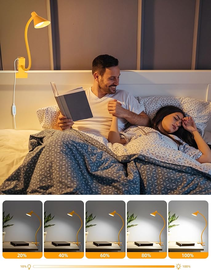 LiFMIRA Desk Lamp Clip on Lamp for Bed Headboard LED Reading Light for Bed, 3 Colors 10 Dimmable Brightness, Book Light for Reading in Bed Flexible Neck Clip on Light Clamp Lamp for Bed Desk(Yellow)