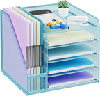 Marbrasse Desk Organizers and Accessories, 5-Tier Paper Letter Tray Organizer with File Holder, Mesh File Organizer, Office Desk Accessories & Organization for Supplies (Blue)