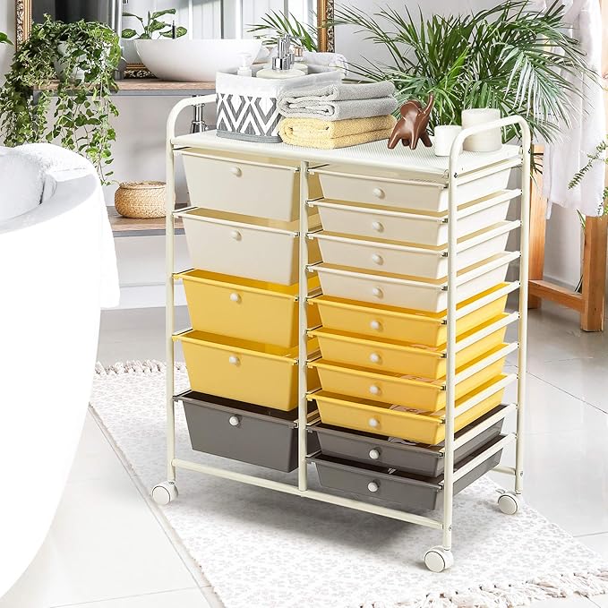 DORTALA 15-Drawer Rolling Storage Cart with Drawers, Rolling Utility Cart w/Removable Drawers & Universal Wheels, Tools Scrapbook Paper Organizer for School, Office, Home, Classroom (Yellow)