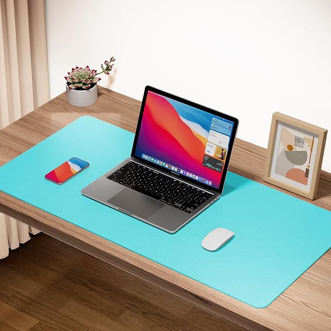 Boutilon Leather Desk Pad Protector,Non-Slip Mouse Pad,Laptop Desk Pad,Office Mouse Mat,Waterproof Leather Desk Blotter,Desk Writing Pad for Office and Home (XXXL-Bright Blue,47"x 24")