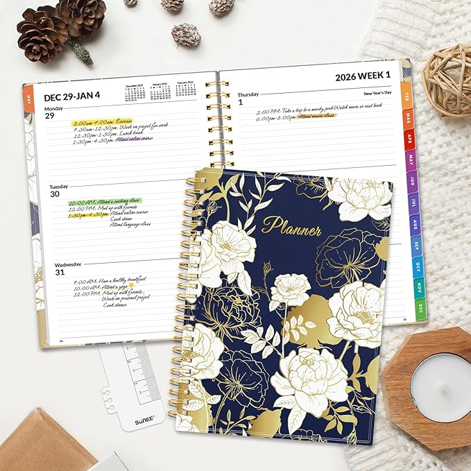 SUNEE 2026 Weekly and Monthly Planner - from January 2026 - December 2026, Daily Agenda Planner with Monthly Tab, Flexible Cover, Note Pages, Pockets, Bookmark, Spiral Binding, Vintage Floral, 6.4" x 8.3"
