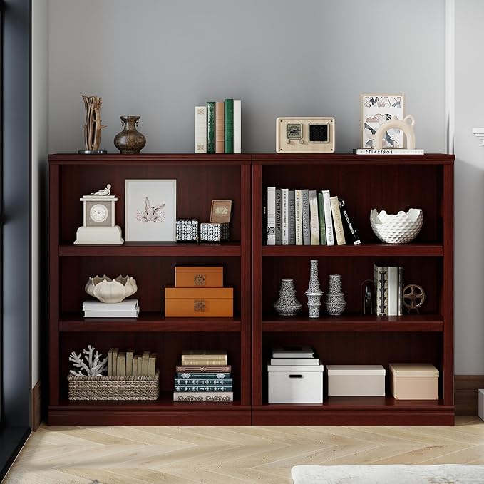 Bevfint 43 in Tall Bookcase, 3-Tier Bookshelf Open Storage, 33 inch Wide Floor Standing Indoor Furniture, Book Cases for Home School Library Office Bedroom Kids, Mahogany 3 Tiers