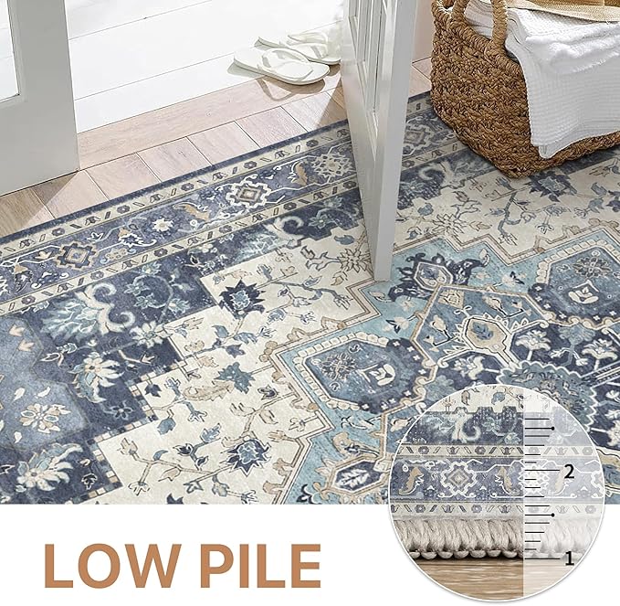 GENIMO 2'6"x8 Runner Rugs for Hallway, Machine Washable Non Slip Vintage Rugs, Low Pile Lightweight Soft Print Rug for enrtyway, Corridor, Home Office, Kitchen, Center Blue