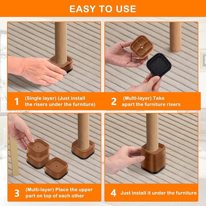 shouwuhho 18 Pack Furniture Risers Adjustable Bed Risers Heavy Duty Lifts Height 1", Square Stackable Bed Risers 1, 2 or 3 Inch for Desk Leg Table Couch Sofa Chair Bed Frame Legs Dorm, Brown
