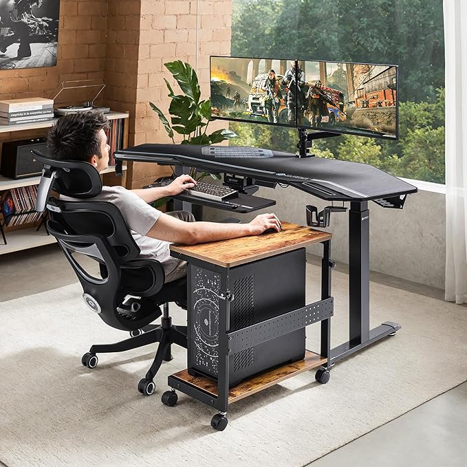 EUREKA ERGONOMIC PC Stand Computer Cart, Height Adjustable Tower Stand 2-Tier Suit for ATX Case Printer, Metal Rolling Cart on Wheels for Gaming Home Office, Antique Wood