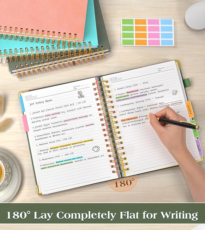 Spiral Notebook Journal with Removable Dividers Tabs, 300 Pages Hardcover Leather 5 Subject College Ruled Notebook, 8.5"x11" Large A4 Lined Journal for Women Men, Spiral Notebook for Work School,Green