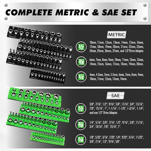 10-Piece Magnetic Socket and Wrench Organizer Set, 1/4", 3/8", 1/2" Drive Metric SAE Socket Organizer, Magnetic Wrench Holder 30 Slots Total, Tool Box Organizers (Sockets Wrenches not Included)